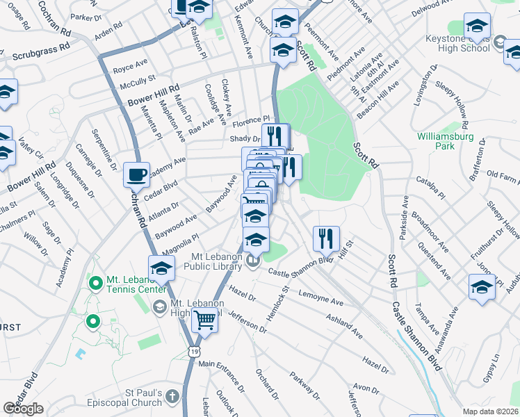 map of restaurants, bars, coffee shops, grocery stores, and more near Washington Rd & Central Square in Mt Lebanon