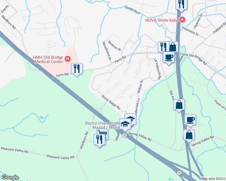 map of restaurants, bars, coffee shops, grocery stores, and more near 117 Diamond Lane in Old Bridge