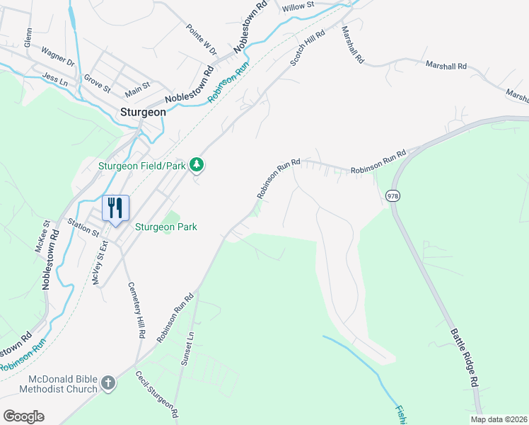 map of restaurants, bars, coffee shops, grocery stores, and more near 3143 Robinson Run Road in McDonald