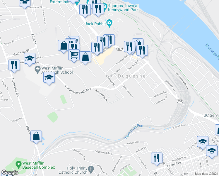 map of restaurants, bars, coffee shops, grocery stores, and more near 418 Commonwealth Avenue in Duquesne