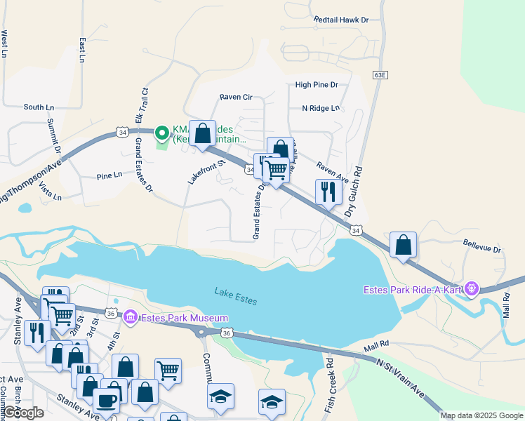 map of restaurants, bars, coffee shops, grocery stores, and more near 509 Grand Estates Drive in Estes Park
