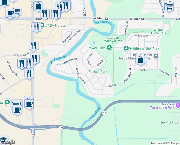 map of restaurants, bars, coffee shops, grocery stores, and more near 615 Olive Place in Lehi