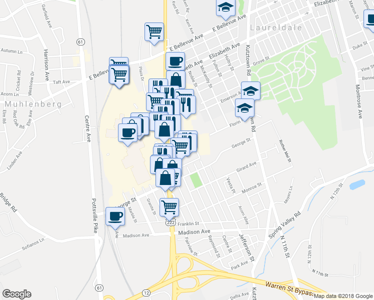 map of restaurants, bars, coffee shops, grocery stores, and more near 3045 North 5th Street Highway in Reading
