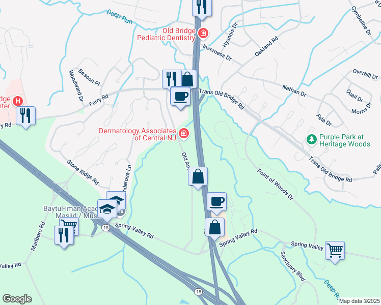 map of restaurants, bars, coffee shops, grocery stores, and more near 3590 U.S. 9 in Old Bridge