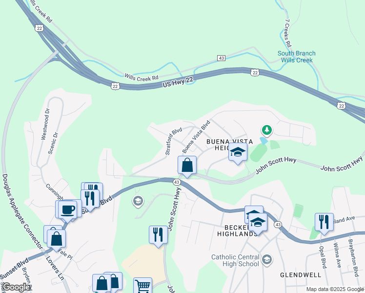 map of restaurants, bars, coffee shops, grocery stores, and more near 215 Buena Vista Boulevard in Steubenville