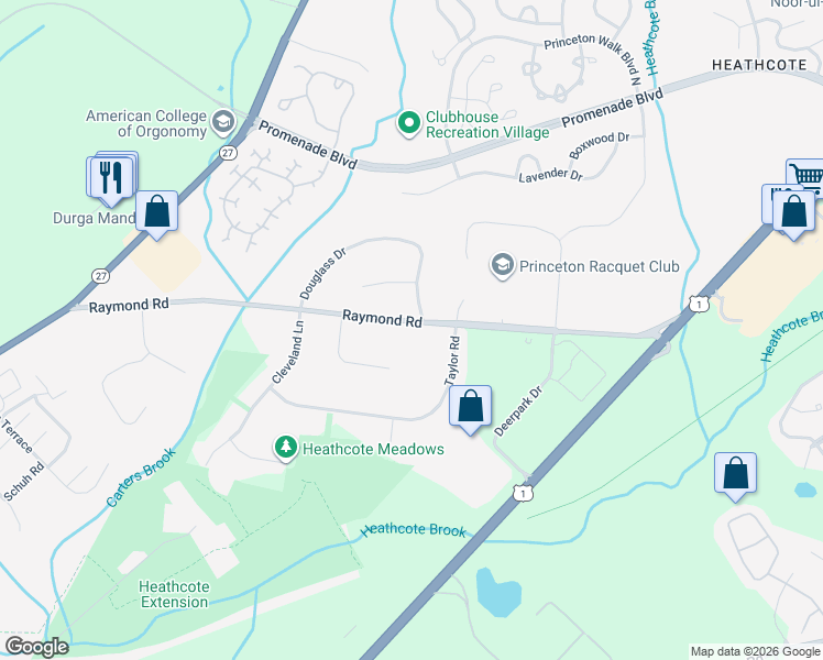 map of restaurants, bars, coffee shops, grocery stores, and more near 261 Raymond Road in Princeton