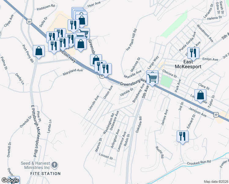 map of restaurants, bars, coffee shops, grocery stores, and more near 86 North Broadway Avenue in Allegheny County