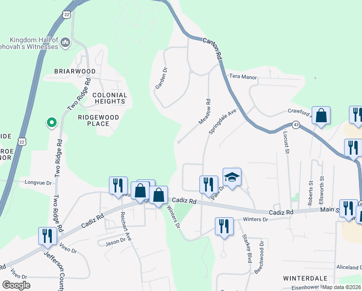 map of restaurants, bars, coffee shops, grocery stores, and more near 200 Meadow Road in Steubenville