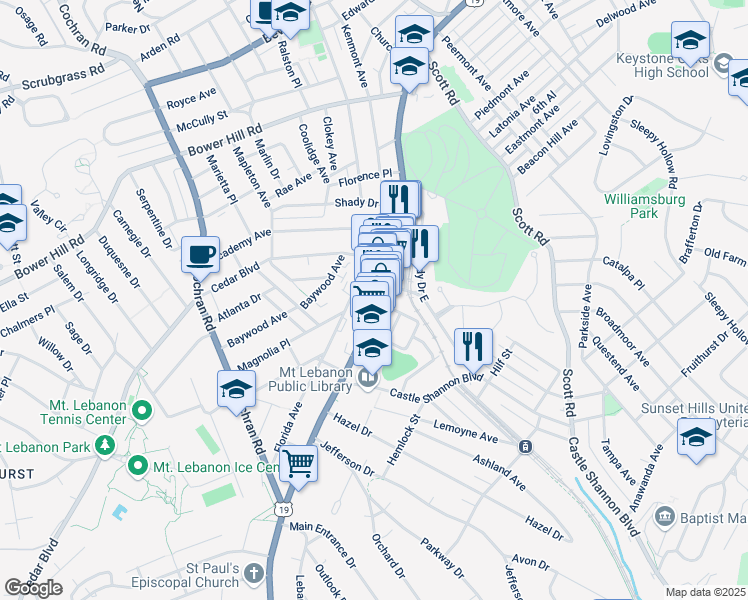 map of restaurants, bars, coffee shops, grocery stores, and more near in Allegheny County