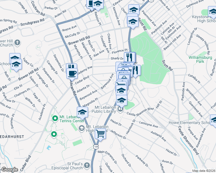 map of restaurants, bars, coffee shops, grocery stores, and more near 210 Mabrick Avenue in Pittsburgh