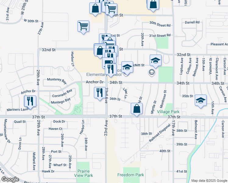 map of restaurants, bars, coffee shops, grocery stores, and more near 3512 Columbine Court in Evans