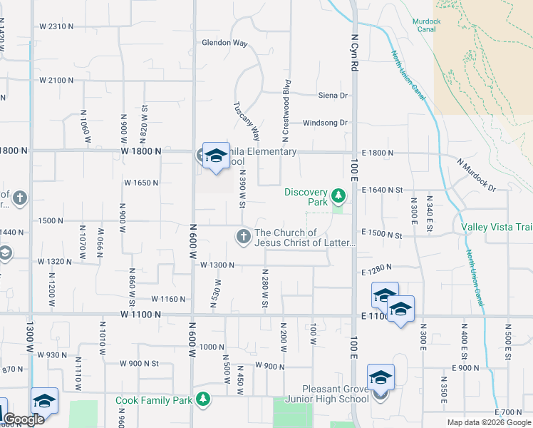map of restaurants, bars, coffee shops, grocery stores, and more near 1495 North 330 West Street in Pleasant Grove