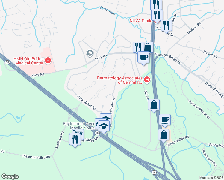 map of restaurants, bars, coffee shops, grocery stores, and more near 10 Ponderosa Lane in Old Bridge