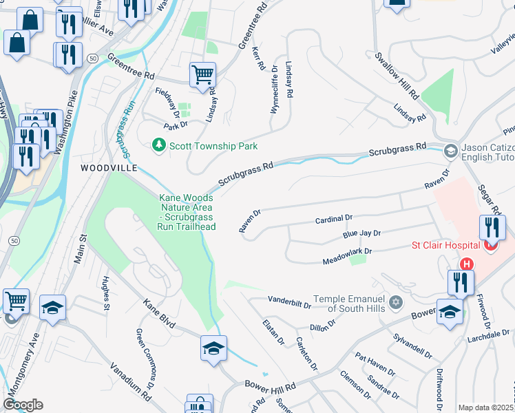 map of restaurants, bars, coffee shops, grocery stores, and more near 1414 Raven Drive in Pittsburgh