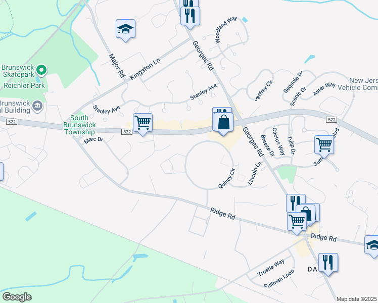 map of restaurants, bars, coffee shops, grocery stores, and more near R4 Quincy Circle in South Brunswick Township