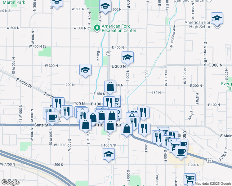 map of restaurants, bars, coffee shops, grocery stores, and more near 163 North Grant Avenue in American Fork