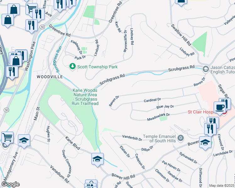 map of restaurants, bars, coffee shops, grocery stores, and more near 1414 Raven Drive in Pittsburgh