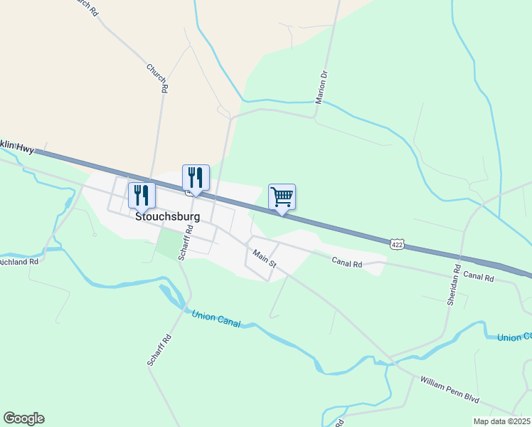 map of restaurants, bars, coffee shops, grocery stores, and more near 37 Main Street in Stouchsburg