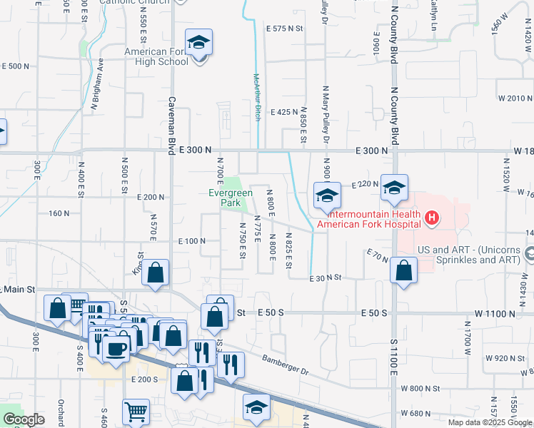 map of restaurants, bars, coffee shops, grocery stores, and more near 165 North 800 East in American Fork