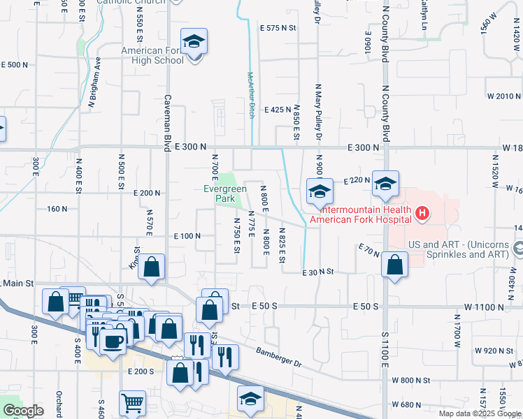 map of restaurants, bars, coffee shops, grocery stores, and more near 165 North 800 East in American Fork