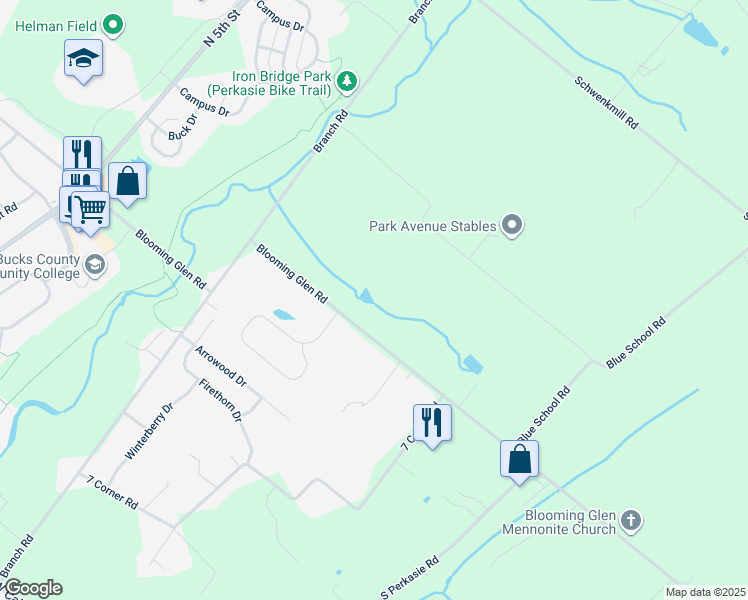map of restaurants, bars, coffee shops, grocery stores, and more near 623 Blooming Glen Road in Perkasie