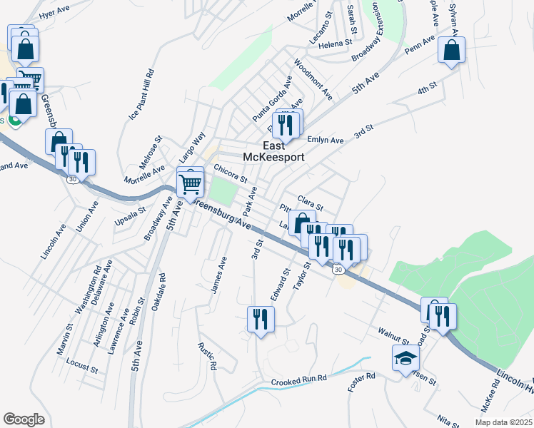 map of restaurants, bars, coffee shops, grocery stores, and more near 633 Larimer Avenue in East McKeesport