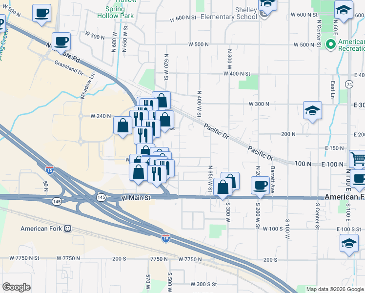 map of restaurants, bars, coffee shops, grocery stores, and more near 138 North 450 West in American Fork