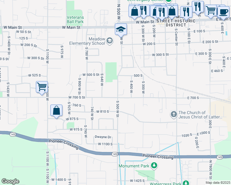 map of restaurants, bars, coffee shops, grocery stores, and more near 652 South 500 West Street in Lehi