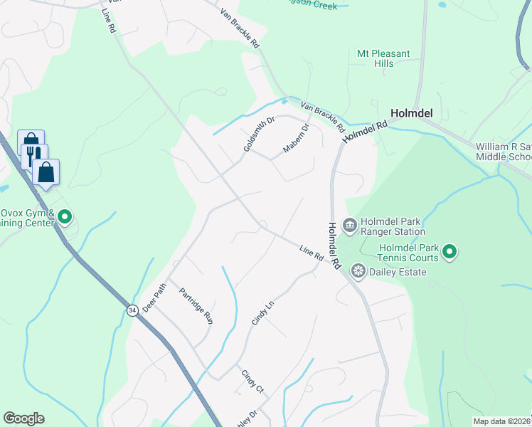 map of restaurants, bars, coffee shops, grocery stores, and more near 3 Crowfield Lane in Holmdel