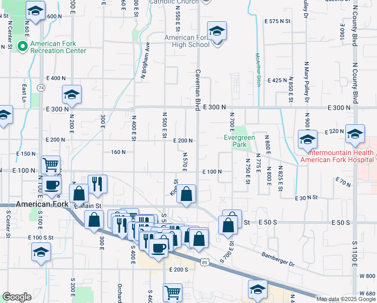 map of restaurants, bars, coffee shops, grocery stores, and more near 165 Caveman Boulevard in American Fork