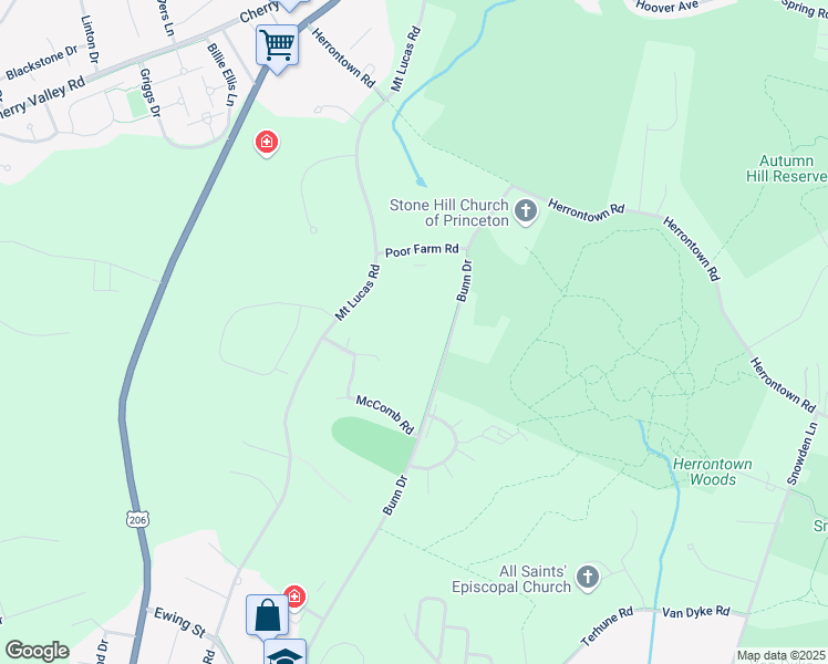 map of restaurants, bars, coffee shops, grocery stores, and more near 728 Bunn Drive in Princeton