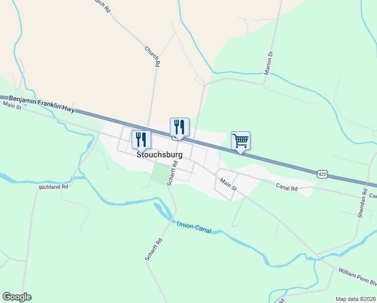 map of restaurants, bars, coffee shops, grocery stores, and more near 69 Main Street in Womelsdorf