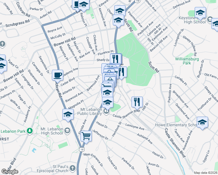 map of restaurants, bars, coffee shops, grocery stores, and more near in Allegheny County