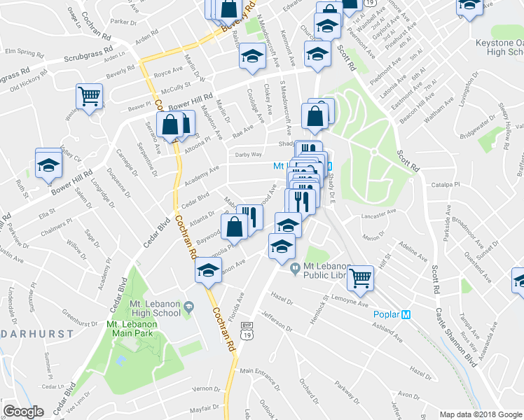 map of restaurants, bars, coffee shops, grocery stores, and more near 210 Mabrick Avenue in Pittsburgh