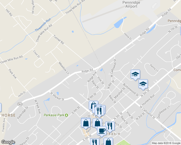 map of restaurants, bars, coffee shops, grocery stores, and more near 239 Ridgeway Court in Perkasie