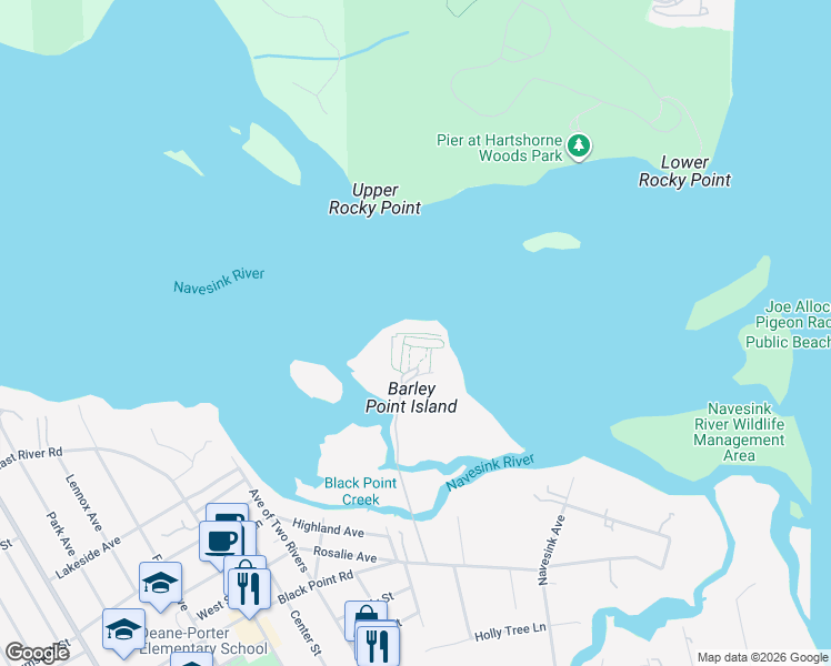 map of restaurants, bars, coffee shops, grocery stores, and more near Barley Point Path in Rumson