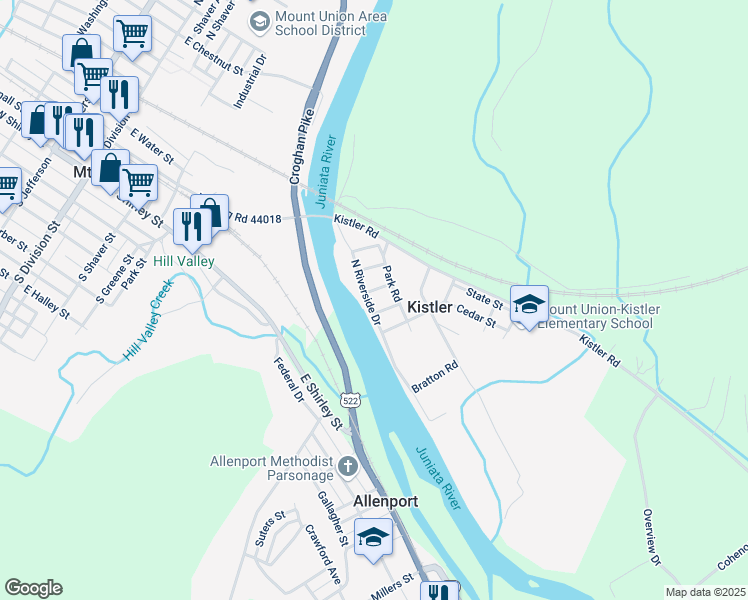 map of restaurants, bars, coffee shops, grocery stores, and more near 75 North Riverside Drive in Mount Union