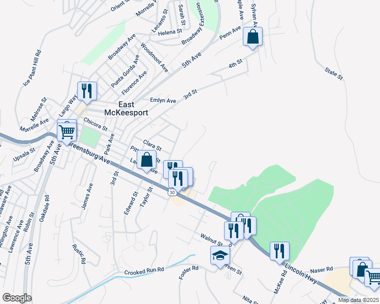 map of restaurants, bars, coffee shops, grocery stores, and more near 326 Clavale Street in North Versailles