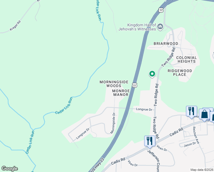 map of restaurants, bars, coffee shops, grocery stores, and more near 23 Morningside Drive in Steubenville
