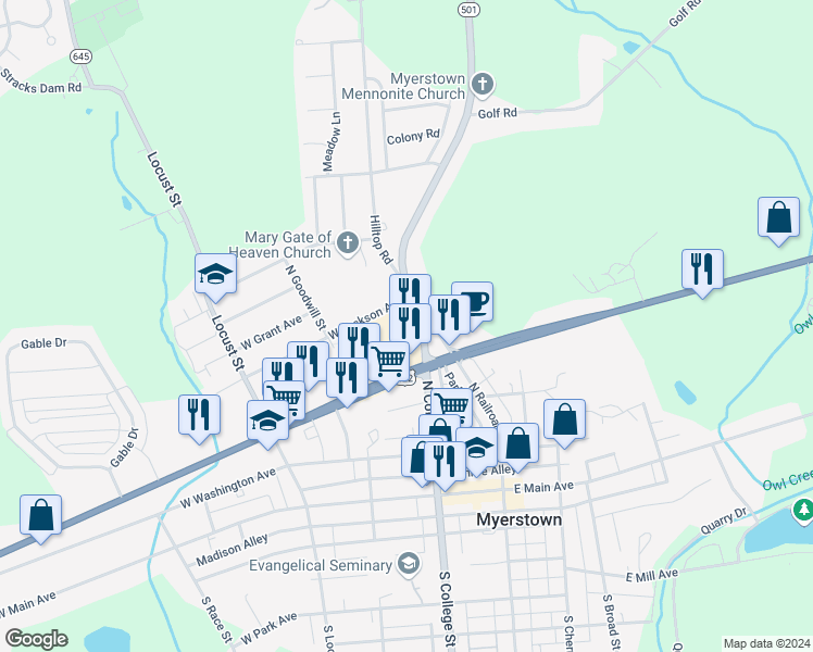 map of restaurants, bars, coffee shops, grocery stores, and more near 112 Garden Avenue in Myerstown