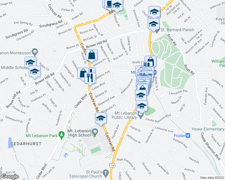 map of restaurants, bars, coffee shops, grocery stores, and more near 249 Mabrick Avenue in Pittsburgh