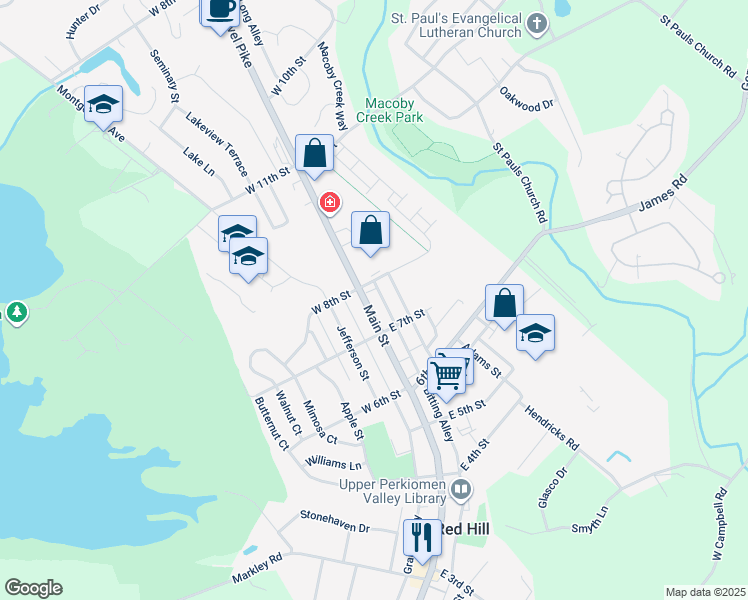 map of restaurants, bars, coffee shops, grocery stores, and more near 720 Main Street in Red Hill
