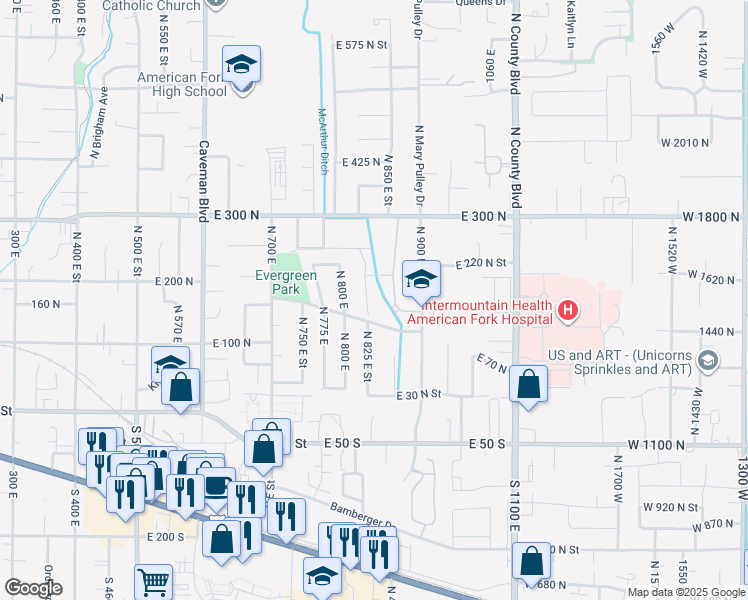 map of restaurants, bars, coffee shops, grocery stores, and more near 170 North 825 East in American Fork