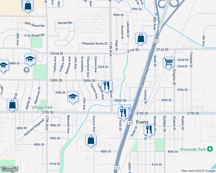 map of restaurants, bars, coffee shops, grocery stores, and more near 3501 11th Avenue in Evans