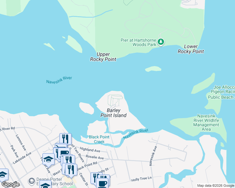 map of restaurants, bars, coffee shops, grocery stores, and more near Barley Point Path in Rumson