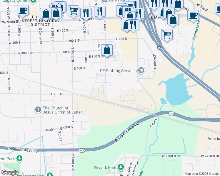 map of restaurants, bars, coffee shops, grocery stores, and more near 595 South 600 East in Lehi