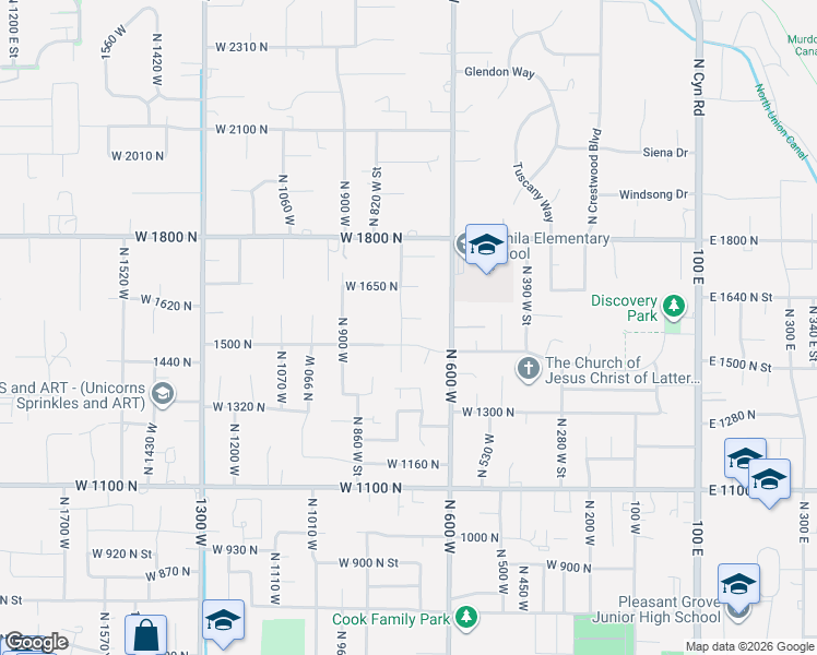 map of restaurants, bars, coffee shops, grocery stores, and more near 1445 North 600 West in Pleasant Grove