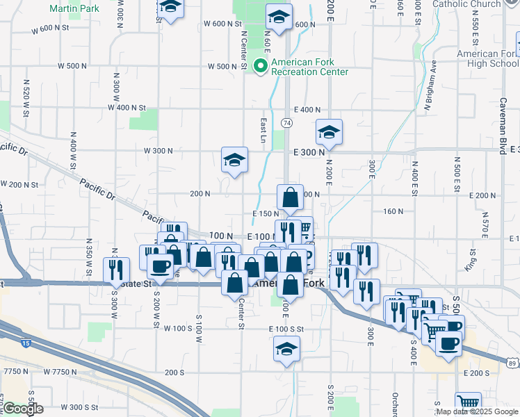 map of restaurants, bars, coffee shops, grocery stores, and more near 148 North Center Street in American Fork