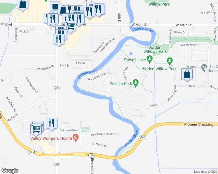 map of restaurants, bars, coffee shops, grocery stores, and more near 621 South Willow Crossing in Lehi
