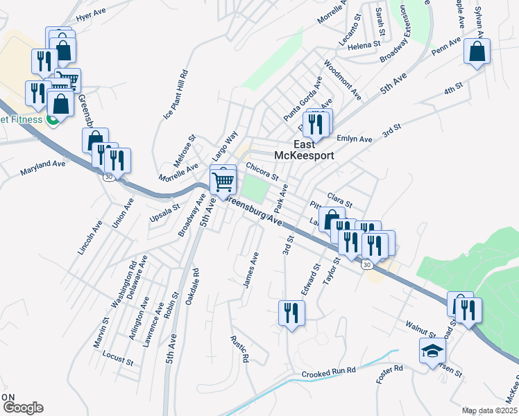 map of restaurants, bars, coffee shops, grocery stores, and more near in North Versailles